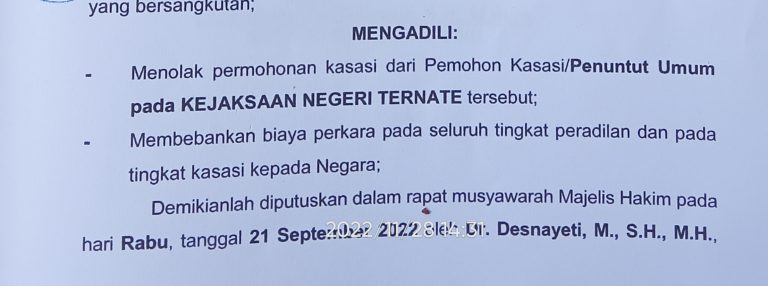 MA Tolak Kasasi JPU  Kejari Ternate Terkait Kasus Dugaan Korupsi Kapal Nautika
